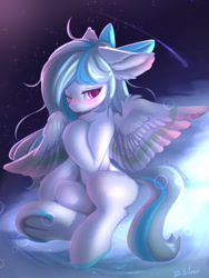 Size: 1200x1600 | Tagged: safe, artist:silver fox, derpibooru exclusive, derpibooru import, oc, oc only, pegasus, pony, blushing, bow, cloud, frog (hoof), hair bow, on a cloud, one eye closed, pegasus oc, shooting star, sitting, solo, underhoof, wings, wink