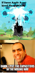 Size: 519x1052 | Tagged: safe, derpibooru import, edit, edited screencap, screencap, human, bloom and gloom, caption, crossover, destruction, electricity, electroboom, exploitable meme, house, image macro, irl, irl human, lightling, looking at you, mehdi sadaghdar, meme, photo, quote, reference, smiling, smiling at you, smoke, sweet apple acres, text, twittermite