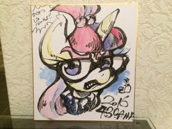 Size: 2048x1536 | Tagged: safe, artist:ahiru_7, derpibooru import, moondancer, crab, angry, glasses, japan ponycon, japanese, solo, traditional art, watercolor painting