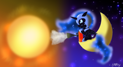 Size: 1200x660 | Tagged: safe, artist:empyu, derpibooru import, nightmare moon, alicorn, pony, 30 minute art challenge, armor, chibi, crescent moon, fire extinguisher, moon, sitting, solo, sun