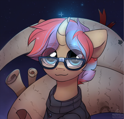 Size: 1625x1560 | Tagged: safe, artist:reterica, derpibooru import, lunar waltz, moondancer, pony, unicorn, :3, clothes, curved horn, eye clipping through hair, freckles, glasses, glowing horn, horn, looking at you, male, rule 63, scroll, smiling, solo, stallion, sweater, wrong eye color