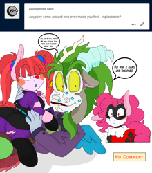 Size: 2150x2446 | Tagged: safe, artist:blackbewhite2k7, derpibooru import, discord, pacific glow, pinkie pie, earth pony, pony, angry, batman, caught, cheating, clothes, costume, female, harley quinn, kiss mark, lipstick, male, punchline, shipping, straight, the joker, yandere