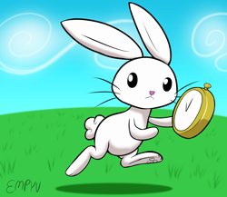 Size: 1000x867 | Tagged: safe, artist:empyu, derpibooru import, angel bunny, rabbit, 30 minute art challenge, alice in wonderland, animal, pocket watch, reference, running, white rabbit