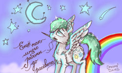 Size: 854x512 | Tagged: safe, artist:dreamyskies, derpibooru import, oc, oc only, oc:dreamer skies, pegasus, pony, abstract background, cyrillic, dream, looking up, male, needle, needle felted, night, pegasus oc, quick draw, rainbow, russian, solo, stallion, standing, stars, wings