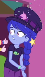 Size: 256x440 | Tagged: safe, derpibooru import, screencap, space camp (character), better together, equestria girls, five lines you need to stand in, confetti, cropped, female, hat, thumbs up