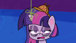 Size: 1920x1080 | Tagged: safe, derpibooru import, screencap, twilight sparkle, alicorn, pony, my little pony: pony life, potion mystery, spoiler:pony life s01e19, bags under eyes, deerstalker, hat, solo, string, tired