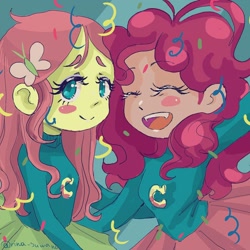 Size: 1080x1080 | Tagged: safe, artist:rina_suwano, derpibooru import, fluttershy, pinkie pie, equestria girls, blush sticker, blushing, confetti, cute, duo, fangs, hairpin, open mouth, smiling, wondercolts, wondercolts uniform