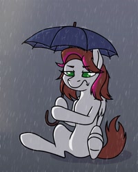 Size: 818x1024 | Tagged: safe, artist:madkadd, derpibooru import, oc, oc only, pegasus, pony, frown, pegasus oc, rain, sitting, solo, umbrella, underhoof, wings