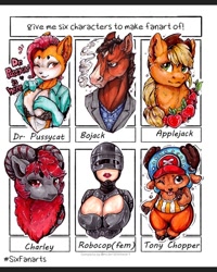 Size: 960x1200 | Tagged: safe, artist:blue_formalin, derpibooru import, applejack, anthro, cat, earth pony, goat, human, pony, robot, anthro with ponies, antlers, apple, blushing, bojack horseman, breasts, bust, chest fluff, cigarette, clothes, crossover, dr. pussycat, ear fluff, female, food, gloves, hat, helmet, lipstick, long gloves, male, mare, one eye closed, one piece, robocop, six fanarts, smiling, smoking, tony tony chopper, wink