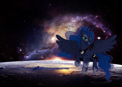 Size: 1920x1380 | Tagged: safe, derpibooru import, princess luna, alicorn, pony, cute, female, flying, galaxy, looking at you, lunabetes, mare, photoshop, planet, smiling, smiling at you, solo, space, spread wings, stars, wings