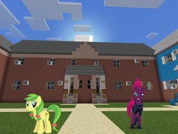 Size: 2048x1536 | Tagged: safe, artist:eugenebrony, artist:jhayarr23, artist:topsangtheman, derpibooru import, apple fritter, tempest shadow, earth pony, pony, unicorn, topsangtheman's minecraft server, apple family member, house, looking at you, minecraft, photoshopped into minecraft
