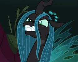 Size: 563x450 | Tagged: safe, derpibooru import, edit, edited screencap, screencap, queen chrysalis, changeling, changeling queen, the mean 6, adoracreepy, angry, animated, creepy, cropped, cute, cutealis, faic, fangs, female, forest, former queen chrysalis, frown, furious, gif, gritted teeth, loop, reaction image, seething, solo, spread wings, standing, wings