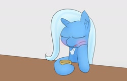 Size: 1334x853 | Tagged: safe, artist:chocodamai, derpibooru import, trixie, pony, unicorn, alcohol, blushing, digital art, female, mare, solo, table, whiskey