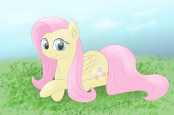 Size: 1596x1062 | Tagged: safe, artist:chocodamai, derpibooru import, fluttershy, pegasus, pony, crossed hooves, digital art, female, lying down, lying in grass, mare, prone, smiling, solo