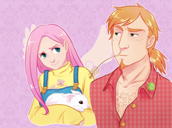 Size: 1000x746 | Tagged: safe, artist:punpunichu, derpibooru import, edit, angel bunny, big macintosh, fluttershy, human, chest hair, clothes, female, fluttermac, humanized, looking at each other, male, overalls, plaid shirt, shipping, shirt, smiling, straight, straw in mouth, sweater, sweatershy, turtleneck, winged humanization, wings