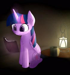 Size: 1500x1600 | Tagged: safe, artist:chocodamai, derpibooru import, twilight sparkle, twilight sparkle (alicorn), alicorn, pony, book, female, lantern, levitation, magic, mare, mug, solo, telekinesis