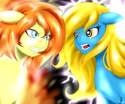 Size: 1280x1067 | Tagged: safe, artist:carnage-carnation, derpibooru import, oc, oc only, oc:firefox, oc:internet explorer, pony, browser ponies, fire, internet explorer