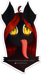 Size: 913x1637 | Tagged: safe, artist:obscuredragone, derpibooru import, oc, oc only, oc:blaze shadow, alicorn, pony, unicorn, big eyes, black fur, broken horn, bust, cute, ears, ears up, edgy, fur, glowing eyes, good boy, horn, long hair, long tongue, male, mane, mlem, red hair, shiny eyes, silly, simple background, solo, stallion, sweet, tongue out, transparent background