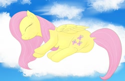 Size: 1521x979 | Tagged: safe, artist:chocodamai, derpibooru import, fluttershy, pegasus, pony, cloud, digital art, eyes closed, sleeping, solo