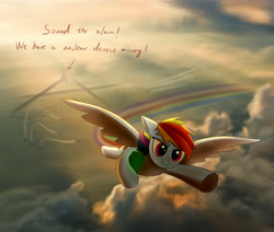 Size: 3071x2604 | Tagged: safe, artist:lth935, derpibooru import, rainbow dash, pegasus, pony, cloud, dialogue, female, flying, sky, solo, stealing