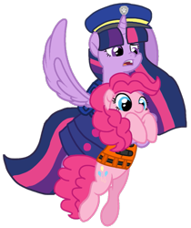 Size: 907x1080 | Tagged: safe, artist:徐詩珮, derpibooru import, pinkie pie, twilight sparkle, twilight sparkle (alicorn), alicorn, earth pony, pony, series:sprglitemplight diary, series:sprglitemplight life jacket days, series:springshadowdrops diary, series:springshadowdrops life jacket days, alternate universe, chase (paw patrol), clothes, cute, diapinkes, paw patrol, simple background, transparent background