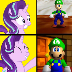 Size: 600x600 | Tagged: safe, derpibooru import, starlight glimmer, pony, unicorn, comparison, luigi, super mario 64, super mario bros.