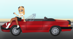 Size: 1813x974 | Tagged: safe, artist:grapefruitface1, derpibooru import, equestria girls, alfa romeo, barely eqg related, base used, bow, car, clothes, crossed arms, equestria girls-ified, looking at you, necktie, queen (band), road, roger taylor, rogerina, rule 63, school uniform, sitting on car, socks, solo