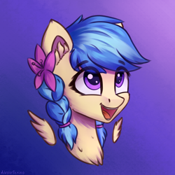 Size: 3000x3000 | Tagged: safe, artist:adagiostring, derpibooru import, oc, oc only, oc:jeppesen, pegasus, pony, braid, bust, commission, cute, flower, flower in hair, head shot, pegasus oc, portrait, purple eyes, simple background, smiling, twin braids, wings, your character here