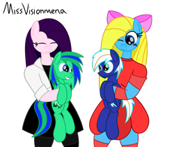 Size: 2600x2200 | Tagged: safe, artist:visionwing, derpibooru import, oc, oc only, oc:cuteamena, oc:electric blue, oc:garry berry, oc:visionmena, anthro, pony, cute, happy, holding a pony, looking at each other, simple background, smiling, transparent background