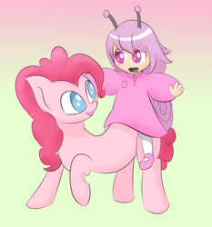 Size: 1400x1500 | Tagged: safe, artist:chocodamai, derpibooru import, pinkie pie, human, digital art, human and pony, humans riding ponies, riding, snail, snail-chan, snail-chan adventure game