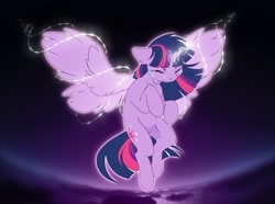 Size: 2500x1858 | Tagged: safe, artist:arctic-fox, derpibooru import, twilight sparkle, twilight sparkle (alicorn), alicorn, pony, crying, magic, solo, spread wings, wings