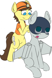 Size: 678x1024 | Tagged: safe, artist:alexmichanikos, derpibooru import, oc, oc only, oc:gear, oc:scramjet, earth pony, original species, plane pony, pony, clothes, colored, gears, hard hat, plane, vest