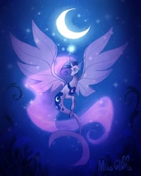 Size: 1080x1350 | Tagged: safe, artist:miss_glowwormis, derpibooru import, princess luna, alicorn, merpony, seapony (g4), blue mane, bubble, clothes, crescent moon, curved horn, digital art, ethereal mane, female, fish tail, flowing mane, flowing tail, horn, lidded eyes, mare, moon, moonlight, night, ocean, seaponified, seapony luna, seaweed, see-through, signature, sirenified, smiling, solo, species swap, spread wings, starry mane, stars, swimming, tail, underwater, water, wings
