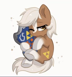 Size: 1072x1144 | Tagged: safe, artist:colorfulcolor233, derpibooru import, earth pony, pony, commission, commissioner:darnelg, cute, ear fluff, epona, female, hug, mare, one eye closed, pillow, pillow hug, ponified, shield, simple background, sleepy, socks (coat marking), solo, the legend of zelda, underhoof, white background, wink, ych result
