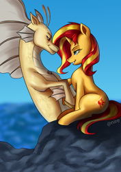 Size: 2480x3508 | Tagged: safe, artist:nire, derpibooru import, adagio dazzle, sunset shimmer, pony, siren, unicorn, beach, bedroom eyes, eye contact, female, holding hooves, lesbian, looking at each other, mare, ocean, rock, shipping, sitting, smiling, smirk, sunsagio