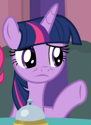 Size: 458x628 | Tagged: safe, derpibooru import, screencap, twilight sparkle, twilight sparkle (alicorn), alicorn, a trivial pursuit, bell, cropped, dejected, frown, sad, solo