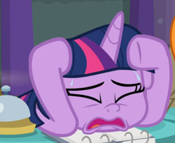 Size: 674x554 | Tagged: safe, derpibooru import, screencap, twilight sparkle, twilight sparkle (alicorn), alicorn, a trivial pursuit, bell, cropped, eyes closed, open mouth, solo, sweat, table, worried