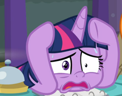 Size: 690x540 | Tagged: safe, derpibooru import, screencap, twilight sparkle, twilight sparkle (alicorn), alicorn, a trivial pursuit, bell, cropped, floppy ears, open mouth, panic, solo, sweat, table, worried