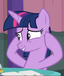 Size: 773x916 | Tagged: safe, derpibooru import, screencap, twilight sparkle, twilight sparkle (alicorn), alicorn, a trivial pursuit, cropped, hoof on head, smiling, solo