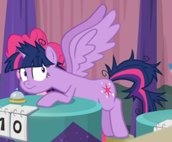 Size: 744x615 | Tagged: safe, derpibooru import, screencap, twilight sparkle, twilight sparkle (alicorn), alicorn, a trivial pursuit, cropped, faic, messy mane, messy tail, solo, spread wings, table, twilight snapple, wings