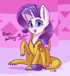 Size: 1548x1680 | Tagged: safe, artist:dsp2003, rarity, pony, unicorn, 2019, blushing, carousel boutique, clothes, colored pupils, costume, cute, darling, female, heart, looking at you, mare, open mouth, rawr, signature, sitting, speech bubble