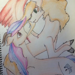 Size: 1080x1080 | Tagged: safe, artist:olyaandspid, derpibooru import, oc, oc only, dracony, dragon, hybrid, pegasus, pony, colored hooves, duo, looking at each other, pegasus oc, traditional art, wings