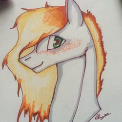 Size: 1080x1080 | Tagged: safe, artist:olyaandspid, derpibooru import, oc, oc only, earth pony, pony, bust, earth pony oc, freckles, looking at you, looking sideways, profile, side view, signature, smiling, smiling at you, solo, traditional art