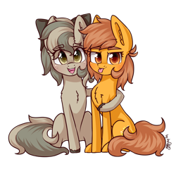 Size: 1920x1840 | Tagged: safe, artist:dsp2003, oc, oc only, oc:meadow stargazer, oc:stone, earth pony, pony, 2020, 2020 community collab, :p, blushing, chest fluff, derpibooru community collaboration, eye clipping through hair, female, freckles, hug, looking at you, mare, open mouth, simple background, smug, tongue out, transparent background