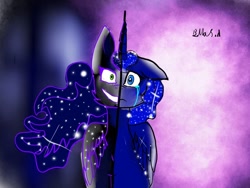 Size: 1080x810 | Tagged: safe, artist:bellas.den, derpibooru import, nightmare moon, princess luna, alicorn, pony, crying, duality, ethereal mane, female, mare, signature, smiling, split screen, starry mane