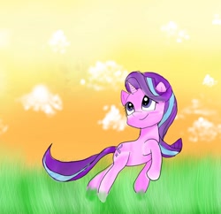 Size: 1080x1044 | Tagged: safe, artist:bellas.den, derpibooru import, starlight glimmer, pony, unicorn, cloud, female, grass, looking back, looking up, mare, outdoors, raised hoof, smiling, solo