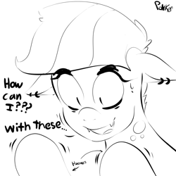 Size: 2000x2000 | Tagged: safe, artist:piedevil4, derpibooru import, oc, oc only, oc:ponker, earth pony, pony, bust, ear piercing, lineart, monochrome, piercing, solo, talking