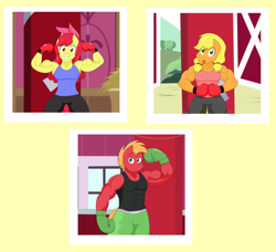 Size: 5440x4968 | Tagged: safe, artist:matchstickman, derpibooru import, apple bloom, applejack, big macintosh, anthro, earth pony, abs, apple bloom's bow, apple brawn, apple siblings, apple sisters, applejacked, armpits, biceps, bow, boxing gloves, brother and sister, clothes, deltoids, female, flexing, great macintosh, hair bow, looking at you, male, matchstickman's apple brawn series, muscles, pecs, photo, punching bag, siblings, simple background, sisters, sweet apple acres barn, teenager, tongue out, yellow background, younger