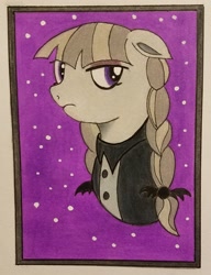 Size: 1574x2048 | Tagged: safe, artist:polar_storm, derpibooru import, inky rose, pegasus, pony, blouse, bust, colored sketch, female, frown, mare, pigtails, purple background, purple eyes, simple background, solo, traditional art