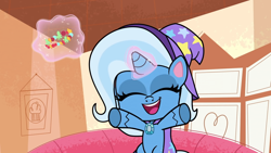 Size: 1920x1080 | Tagged: safe, derpibooru import, screencap, trixie, friendship gems, my little pony: pony life, spoiler:pony life s01e17, cute, diatrixes, eyes closed, hat, solo